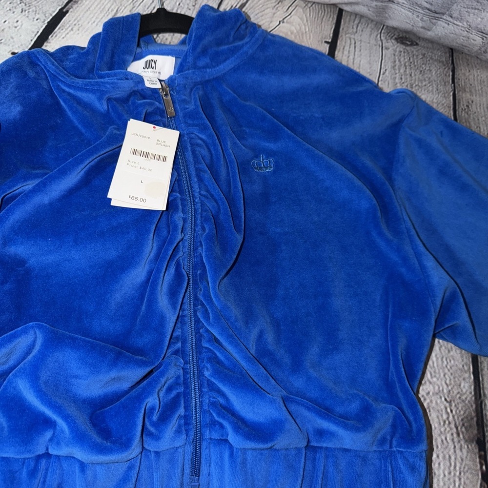 Y2K Juicy Couture Velour Hoodie Womens size XL Cropped Ruched ZipUp Cozy